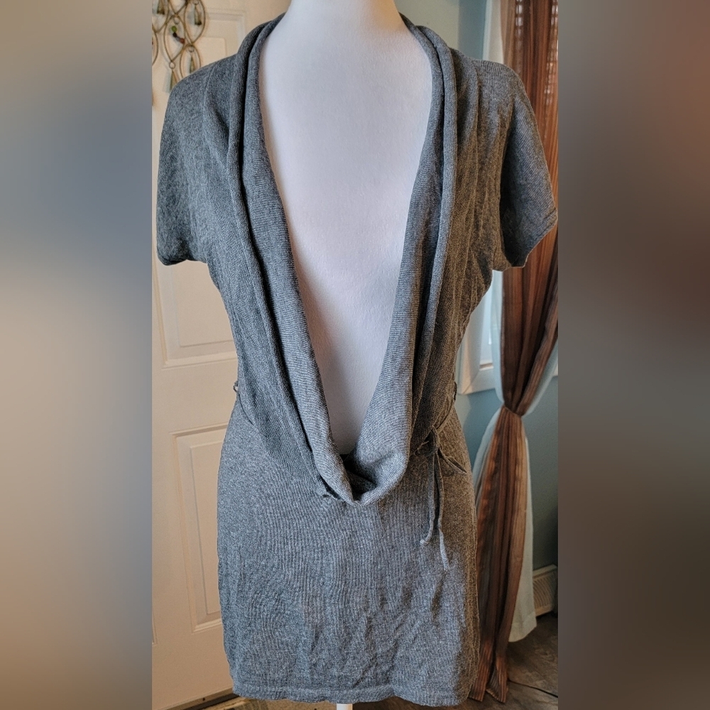 Y2K Vintge Plunging Cowl Neck Tunic Sweater Womens L Grey Micro Dress Short Slee
